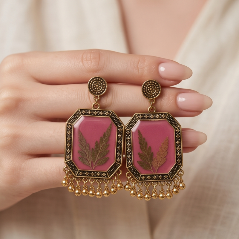 Pink Geometric Fern Dangles